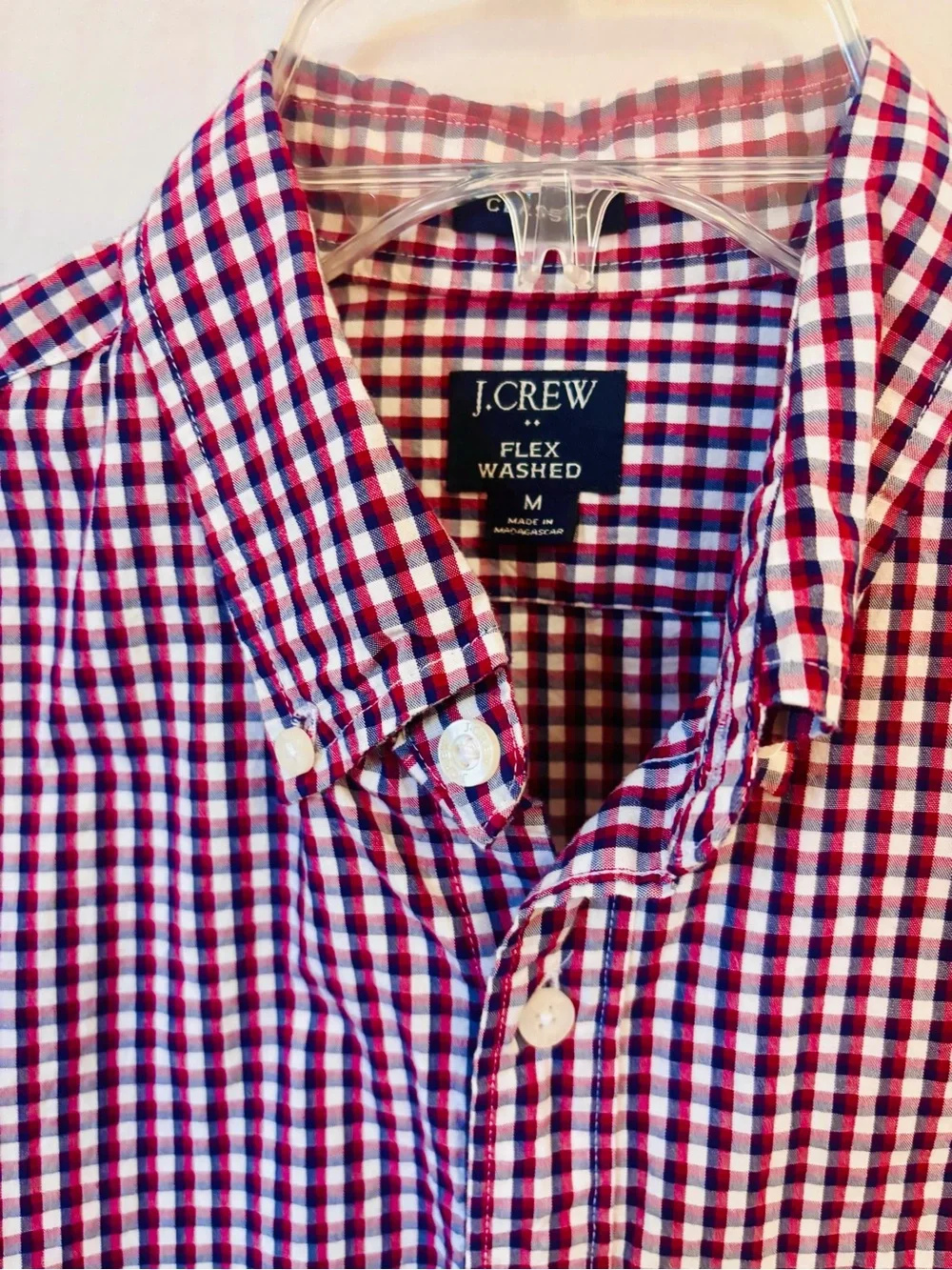Gingham Button Down Shirt J.Crew Flex Washed Red Navy M